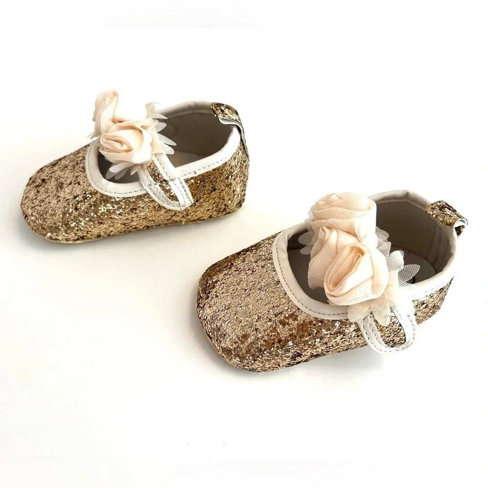 NEW Gold Glitter Baby Dress Shoes w/Floral Accent BABY Size 3 - New Without Tags